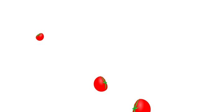 Many red ripe tomatoes falling down against white background