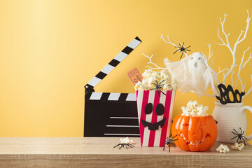 Horror movie night and Halloween party concept with jack o lantern pumpkin,  pop corn and movie...