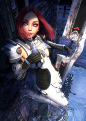 A charming warrior girl with a huge double-sided sword is standing in the water and drinking soda through a straw, she has blue eyes, a sexy body, she is dressed in a shabby Sci-Fi suit. 3d rendering