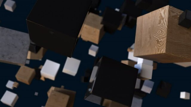 Square wooden 3d render boxes in digital space. Geometric solid plastic shapes in free realistic decoration fall. Graphic background presentation with simple moving objects.