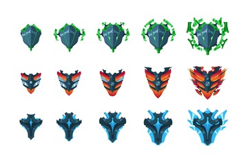 Level up shields. Cartoon poison fire and magic armor with various developed degrees for action game experience. Protective weapon sequence. Gaming weaponry set. Vector arms upgrade