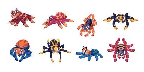 Cute spider. Cartoon child insect mascot with big eyes for kids illustration. Isolated tarantula characters crawling and weaving cobweb. Venomous fauna. Vector kawaii arachnids set