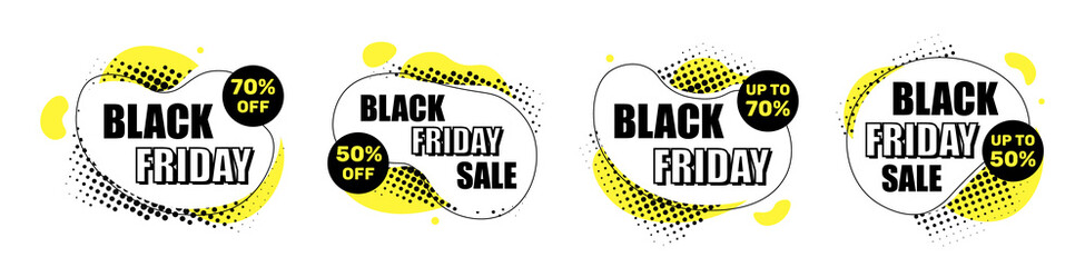 Black friday minimal geometric sale labels. Black and yellow modern design elements for sale promotion, discounts and advertising. Sale labels templates for Black Friday Seasonal Sale. Abstract vector