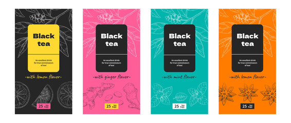 Tea label design. Black and green teabags with various tastes. Mint or ginger, citrus and anise drink flavors. Packaging template. Plant sketches and lettering. Vector products boxes set