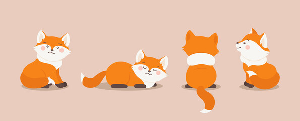 Cartoon Foxes set in different poses. Vector Forest fox animal sits, lies, turned back and smiles. Orange fox collection for baby or child clothes, fabric, textile and more. Autumn fox clipart design.
