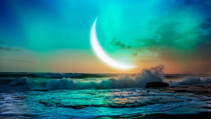 Ramadan Kareem background -Crescent moon and stars at amazing sunset 