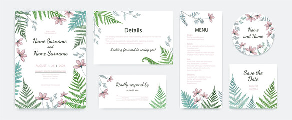 Fototapeta na wymiar Wedding invitation. Elegant posters or cards with foliage and fern. Floral layout design. Celebrations menu and decorative stickers template with herbs and leaves. Vector banners set