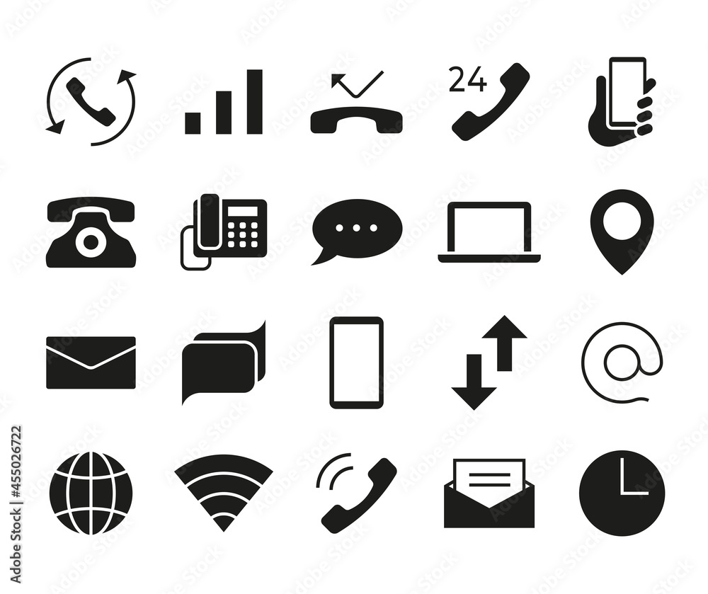 Aufkleber communication icons. smartphone call, mailing or texting symbols. laptop and network sharing signs. 