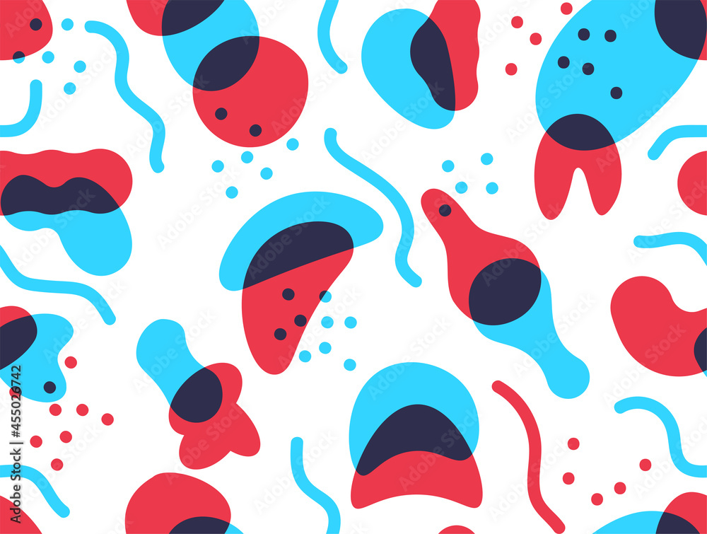 Poster Blob shape pattern. Seamless organic irregular abstract pebbles. Decorative modern texture with blue and red round stains. Minimal liquid spots and dots. Vector doodle geometric print