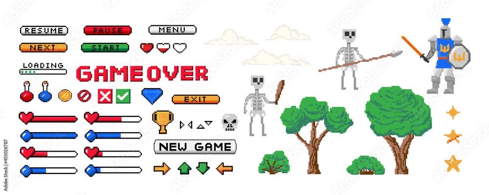 Poster Game 8-bit set. Pixel start screen and interface buttons. Player character enemies life bar and award pixelated icons. Arrows or landscape elements. Vector gaming menu signs collection