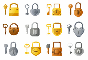 Lock and keys. Cartoon open and closed padlock. Modern and vintage latchkeys. Home security. Golden and silver protective elements. Safety logo design. Vector interlock mechanisms set