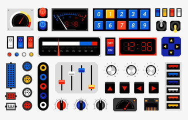 Retro control panel. Computer dashboard elements. Dials or connection ports. Controller buttons template. Electronic indicators with arrows. Vector console switches and toggles set