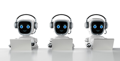group of cyborgs or robot assistants work with computer notebook