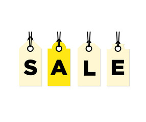 Sale signboard isolated on white background, labels hanging on ropes. For banner ads, big discounts and black friday