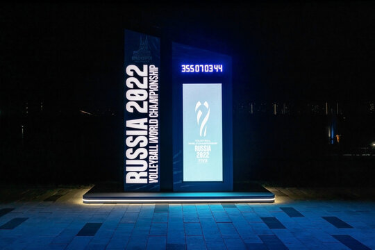 An electronic counter of the countdown to the FIVB 2022 World Volleyball Championship is installed on the embankment of Krasnoyarsk, it is illuminated at night. Russia, Krasnoyarsk, September 4, 2021