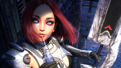 A charming warrior girl with a huge double-sided sword, she drinks soda through a straw, she has blue eyes, a sexy body, brown square hair, she is dressed in a shabby Sci-Fi suit. 3d rendering