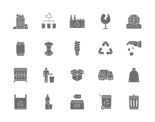 Set of Garbage Gray Icons. Dumpster, Beer Can, Broken Glass, Apple Core and more