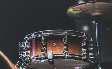 Close-up of a snare drum, part of a drum kit, copy space.