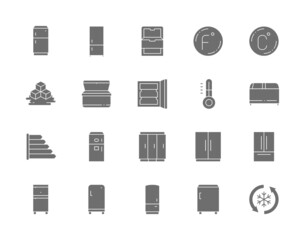 Set of Fridge Grey Icons. Thermometer, Freezer, Refrigerator, Ice Cubes and more