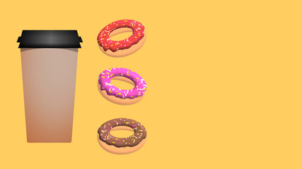 Three donuts and takeout cup of coffee on yellow background