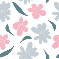 flowers and leaves seamless pattern hand drawn doodle. vector, minimalism. floral print, wallpaper, textiles, wrapping paper, decor.