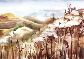 Abstract watercolor landscape. Dried autumn flowers wild herbs against background distant mountains hills road stretching into far. Painting brown-ocher colors. Hand drawn watercolor illustration