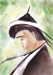 Abstract watercolor background. Anime portrait of a young man in national oriental costume. Muted pale green spot colors. Blurry leaves on a sunny day. Hand-drawn illustration on textured paper
