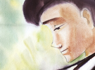 Abstract watercolor background. Anime portrait of a young face against a background of muted pale green color spots. Blurry leaves on a sunny day. Hand-drawn illustration on textured paper