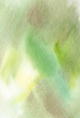 Abstract watercolor background. Muted pale green spot colors. Blurred. Leaves on a sunny day. Hand-drawn illustration on textured paper