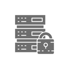 Safe server, protected data center, web hosting, cloud computing grey icon.