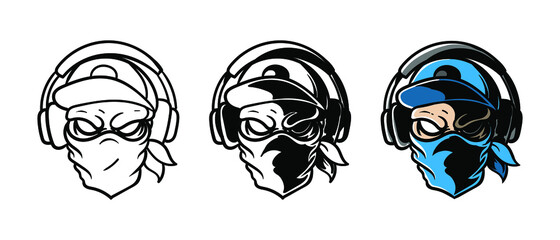 A skull in a cap and a bandana is listening to music. Music in headphones. Sticker, logo or sign. Vector illustration isolated on white background. EPS 10.