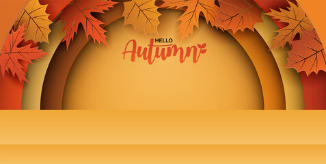Autumn season theme product display podium. Design with leaves on orange background. paper art style. vector.