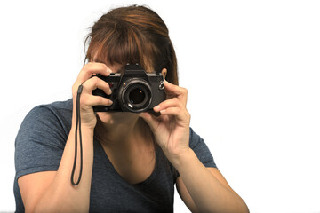 holding dslr camera professional photographer woman taking picture white background