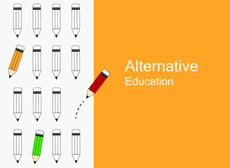 Set of pencil icon logo vector illustration on colored background. A pencil drawing separated from the group represents an alternative education.