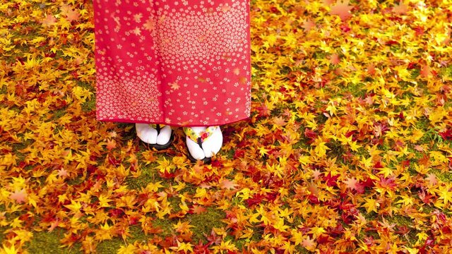草履を履いた女性　紅葉
