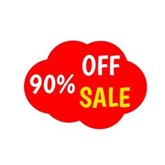 90 percentage off sale tag red clouds for sales and promotion isolated 3d. Discount sticker yellow and white. Business Advertising