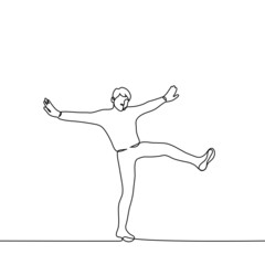 man falls while standing on one leg, his other limbs in the air - one line drawing. concept of losing balance, ground away from under the feet, being shocked