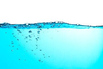 Water Wave. Blue Water Splash with Bubbles Float up on White Background	