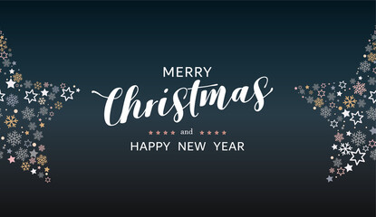 Merry christmas card in blue with stars and snowflakes. Happy New Year blue background.