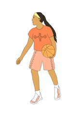 Young woman in athletic stance and holding a basketball