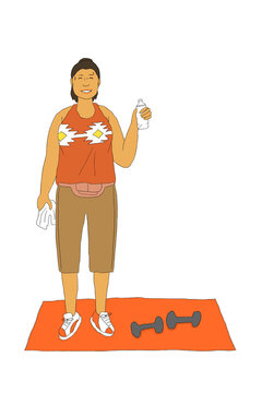 Woman standing on exercise mat with water bottle in hand
