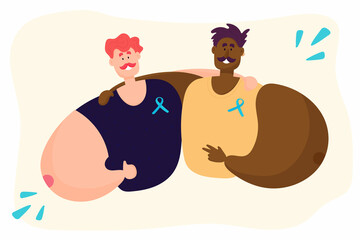 Friends of different nationalities with a mustache and a blue ribbon.