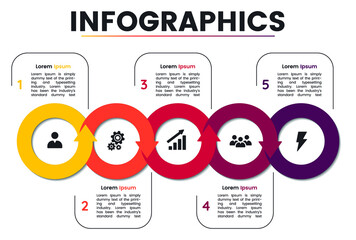 Business infographic colorful design with five steps process. Vector modern minimal isolated design with icons and step map. Simple info graphic for business development and students projects.