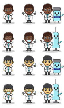 Vector illustrations of Cute Boys doctor. Adorable kids doctor set. Smiling little Boy dressed as doctors.