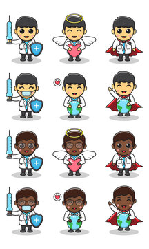 Vector illustrations of smiling little Boy dressed as doctors. Adorable kids doctor set. 