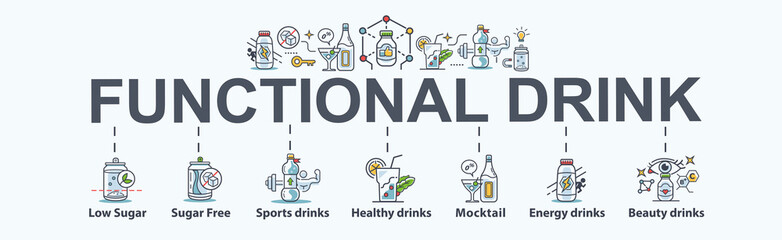 Functional drink banner web icon for business and marketing, sugar free, mocktail, energy beverage, sports drinks and healthy and wellness drinks. Flat cartoon vector infographic.