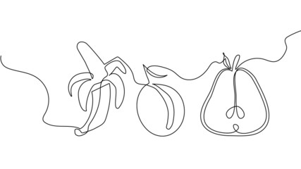 Obraz premium Fruits one line set. Continuous line drawing of banana, plum, apricot, pear.
