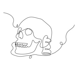 Human skull with chess knight one line set art. Continuous line drawing of skeleton and chess piece.