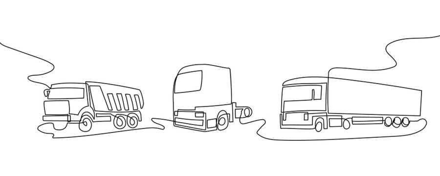Commercial transport continuous line drawing set. One line art of truck, dump truck, cab.