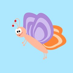 A funny butterfly with big eyes. Cartoon character. Isolated illustration for design.